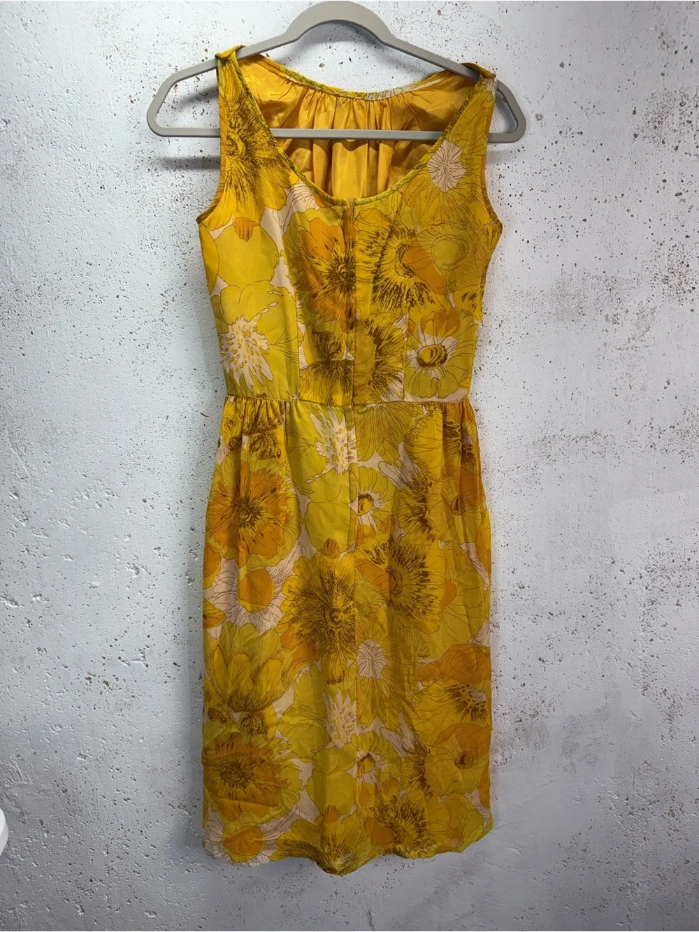 Vintage 50s 60s Sleeveless Yellow Floral Belted Dress with Scarf